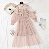 Stand-Neck Long Sleeve Party Dresses Women Solid Sweet Mesh Streetwear Mid-Calf Female Eleglant Summer Lace Dress