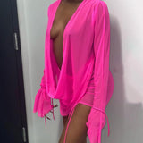 Sisterlinda Casual Sexy Mesh 2Piece Set Women Deep V-Neck Long Sleeve Backless Top+Shirring Skirt Party Clubwear Matching