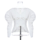 Casual Irregular Women Shirt V Neck Puff Long Sleeve Patchwork Beading Streetwear Style Blouses Female Fashion