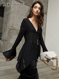 Black Sexy Shirt Female V Neck Flare Sleeve Slim Solid Patchwork Mesh Hem Elegant Blouses Fashion Women Blouses
