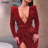Women's Evening Dresses Sexy One Shoulder Long Sleeve Sequin Dress Wrap Chest Split Vestidos Robe Wedding Club