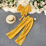 Women Autumn Bohemian Floral Set V Neck Puff Sleeve Short Top+Sexy Split High Waist Wide Leg Long Pants Two Pieces
