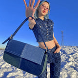 2022 New Women's Denim Jacket Pants Set High Street Vintage Y2K Trouser Suits 2 Piece Set For Women Print Short Jacket
