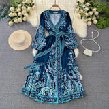 Court Lantern Long Sleeve V-Neck Belt With A Word Print Dress Elegant Swing Dress