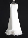 Patchwork Feathers Hem Tank Dress For Women Round Neck Sleeveless High Waist Solid Mini Dresses Female 2023 Clothing