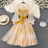 Sexy Mesh Printed Dress Women Spring Autumn Round Neck Puff Long Sleeve Ink Pattern A-Line Big Swing Vestidos Female 2022