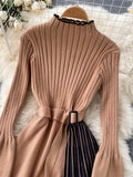 Winter Spliced Knitter Pleated Dress Flare Sleeve Elastic Belt Stand Neck Elegant Retro Female Midi Long Sweater