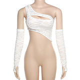 Asymmetrical Cut Out Cropped Top with Arm Sleeves Fairycore Y2k Streetwear White T Shirts for Woman Clothes