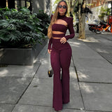 2025 New Solid Color High-Neck Long Sleeve Tops To Repair Hollow Micro-Tlammous Trousers Set