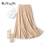 Pleated Midi Skirt Elastic High Waist Sweet Casual 2020 Summer Slim Long Preppy Woman's Skirts Maxi Black Skirt