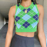 Argyle Knit Tank Top Female Streetwear Preppy Style Y2K Clothing Vneck Cropped Shirt 90s