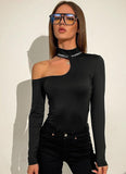 One Shoulder Solid Color Half-High Collar Long-Sleeved