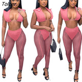 3 Pieces Set Bandage Lace Up Halter Crop Top Sheer Mesh Pants set Party Night Club Outfits Streetwear See Through