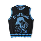 Harajuku College Knitted Tank Top Sweater Men's and Women's Street Hip Hop Cartoon Anime Pattern O-Neck Sleeveless