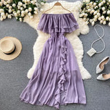 Sexy Slash Neck Chiffon Long Dress Women Red/Green/Purple Irregular Ruffle Short Sleeve High Waist Beach Vestidos Female