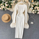 For Women 2022 Sexy Strapless Ribbed Knitted Bodycon Dress Women Winter Long Sleeve Midi Sweater Dress