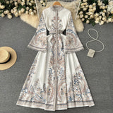 Dress New Retro Print Collar Collar Horn Sleeve Dress Women's Single Buckle Large Irregularly Folded Long