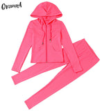 Women Summer Casual Two Piece Set Hooded Crop Tops Sporty Leggings Matching Stretchy Soft Skinny Fitness Slim