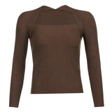 Basic Brown Halter Knitted Crop Top Sweater Ribbed Long Sleeve Basic Jumper Pullover Autumn Casual Elegant Black