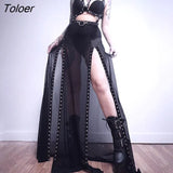 Gothic Harajuku Punk Black Hole Skirt Y2K Goth Mesh Grunge Patchwork Eyelet Split Long Skirt Summer Sexy Night Club