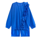 Women Blue Irregular Ruffles Big Size Casual T-shirt New Round Neck Long Sleeve Fashion Tide Spring Autumn 2023