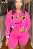 B PU Faux Leather Crop Bomber Coat Ladies Stand Collar Full Sleeve Baseball Jackets Streetwear Button Down Slim Fit