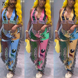 Casual Streetwear 2 Piece Set Cartoon Latter Print Halter Bra Tassel Hight Waist Pants Matching Set Party Club