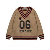 Brown V-neck Letter Print Oversize Sweater-Outfit