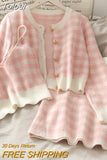 Sweet Women Three-Piece Set Plaid Pink Spring Cardigan Sweater Short Strape Camis Two Piece Set + Bodycon Mini