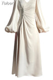 Elegant Women's Dress New Fashion V-neck Beading Waist Three-quater Sleeve Mid-calf Dresses Female Autumn 2023