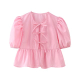 New Bubble Sleeve With Solid Color Short Top
