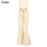 Khaki Cotton Linen Women Suit Strap Lace Up Crop Top Vest Casual Summer 2 Pieces Set Elastic Waist Straight Pants Sets