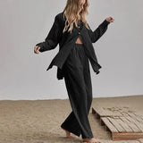 Loose Women Trouser Suits Short Sleeve Shirt With High Wasit Pants 2 Piece Sets Spring Pleated Elegant Brown Lady