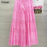 Boho Elegant White Long Skirt Women Hook Flower Hollow Folds Hem High-waisted Skirts Casual Holiday Female Clothes