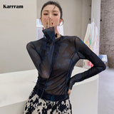 Butterfly Print Mesh Top Long Sleeve Tees Patchwork Bodycon Tshirt Black See Through Crop Top Fashion T Shirt