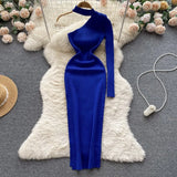Halter Hollow Out Sexy Knitted Dress One Shoulder Long Sleeve Elastic Slim 2022 Women Autumn Split Party Sweater
