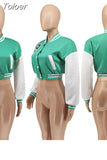 White Color Block Splice Baseball Coat Women Casual Single-breasted Full Sleeve Jacket Active Wear Running Cropped
