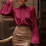 Women Fashion Satin Blouse Lantern Long Sleeve Shirts 2022 Autumn Elegant High Collar Casual Party Tunic Tops