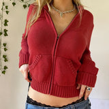 Vintage Brown Solid Hooded Y2K Sweaters Women Autumn Winter Lantern Sleeve Zip Up Jacket Cardigan Knitted Hoodies