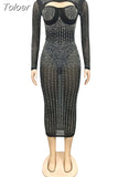 Hot Drill Mesh Spliced Party Dress Female Hollow Front Cleavage Long Sleeve Vestidos Luxury Nightclub Partywear
