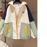 Loose Thickened Cardigan Hoodies Women Lamb Wool Padded Jacket Stitching Contrast Color Plus Velvet Hooded Coat