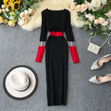 Women Autumn Winter Sweater Dress Fashion Patchwork V Neck Slim Elastic Dress Warm Bodycon Pullovers Knitting