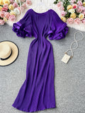 Casual Round Neck Flare Short Sleeve Pleated Long Dress Vintage High Waist Ruffles Female Vestidos New Fashion Robe Mujer