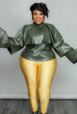 Plus Size High Neck Ruffles PU Leather Long Sleeve