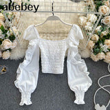 New Spring Autumn Fashion All-match Ruffle Blouse Hollow Out off shoulder long sleeve ruched slim Shirt