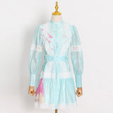 TWOTWINSTYLE Casual Print Colorblock Dress For Women Stand Collar Lantern Long Sleeve High Waist Mini Dresses Female Spring