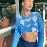 Bold Shade Indie Preppy Style Grunge Sweater Knitted Argyle Vintage Women 90s Skater Fashion Clothes Winter Long Sleeve