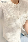 Korean Cardigan Women Clothing Short Sleeve Single Breasted Sweater O Neck Knit Black Tops 2023 Fashion White Coat