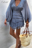 Temperament Fold Pleated Mini Dress For Women V Neck Puff Long Sleeve High Waist Button Slim Mesh Dresses Female 2023