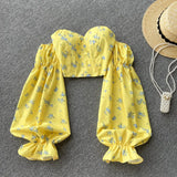 Women Boho Floral Blouse French Lace Square Collar Puff Sleeve Slim Ruffles Tops Autumn Korean Elastic Ruched